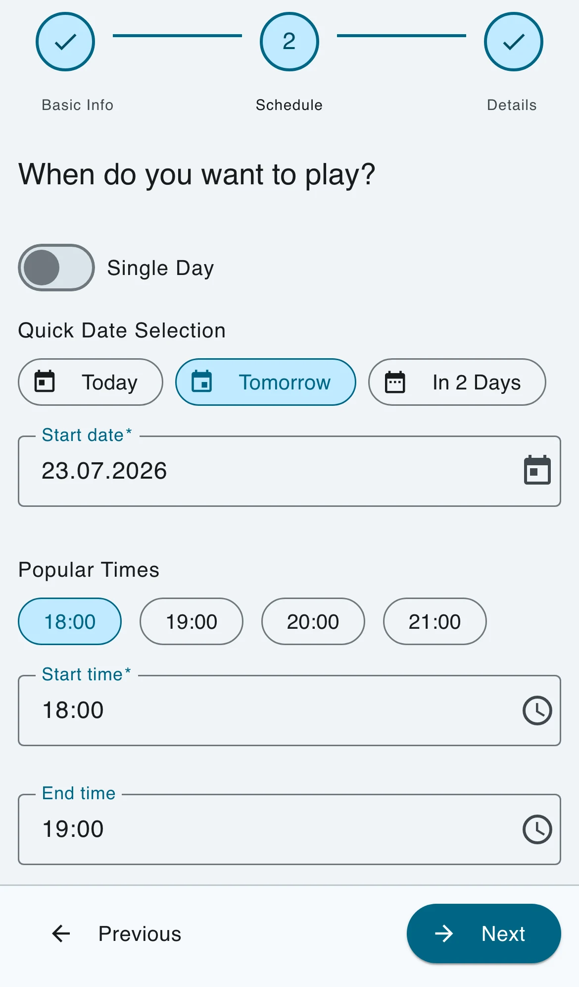 Schedule step with quick date and time selections